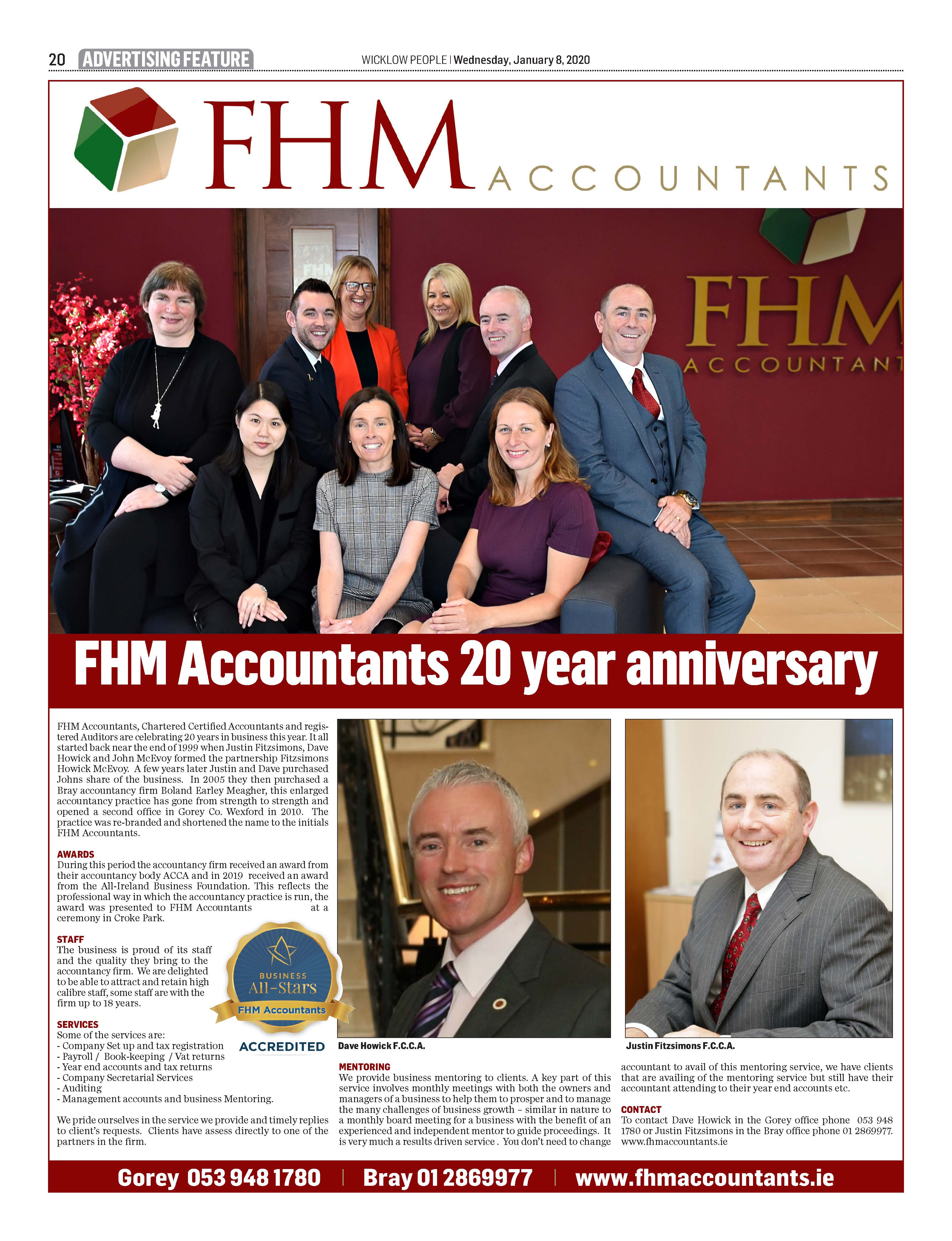 FHM Accountants 20 Years Wicklow People Article